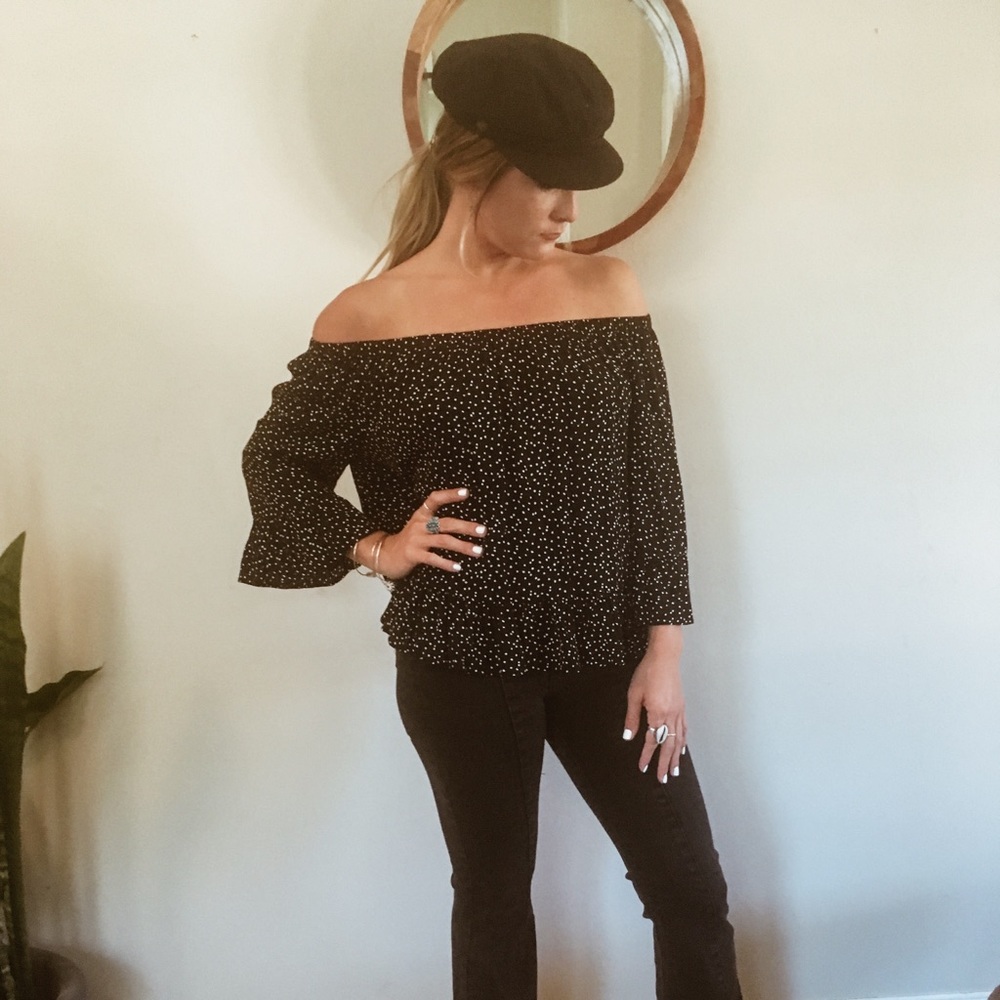 Off the shoulder black polkadot top